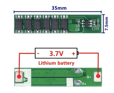 Плата защиты BMS 1S 15А для литий-ионного аккумулятора 3.7В (35х7.5 мм)
